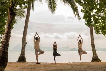 Drei Yogis üben am Strand unter Palmen mit Blick auf das Meer