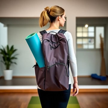 Rucksack auf dem Rücken aus dem eine Yogamatte heraus schaut